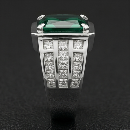 White Gold 10K Big Radiant Cut Lab Grown Green Emerald Men's Ring Jewelry