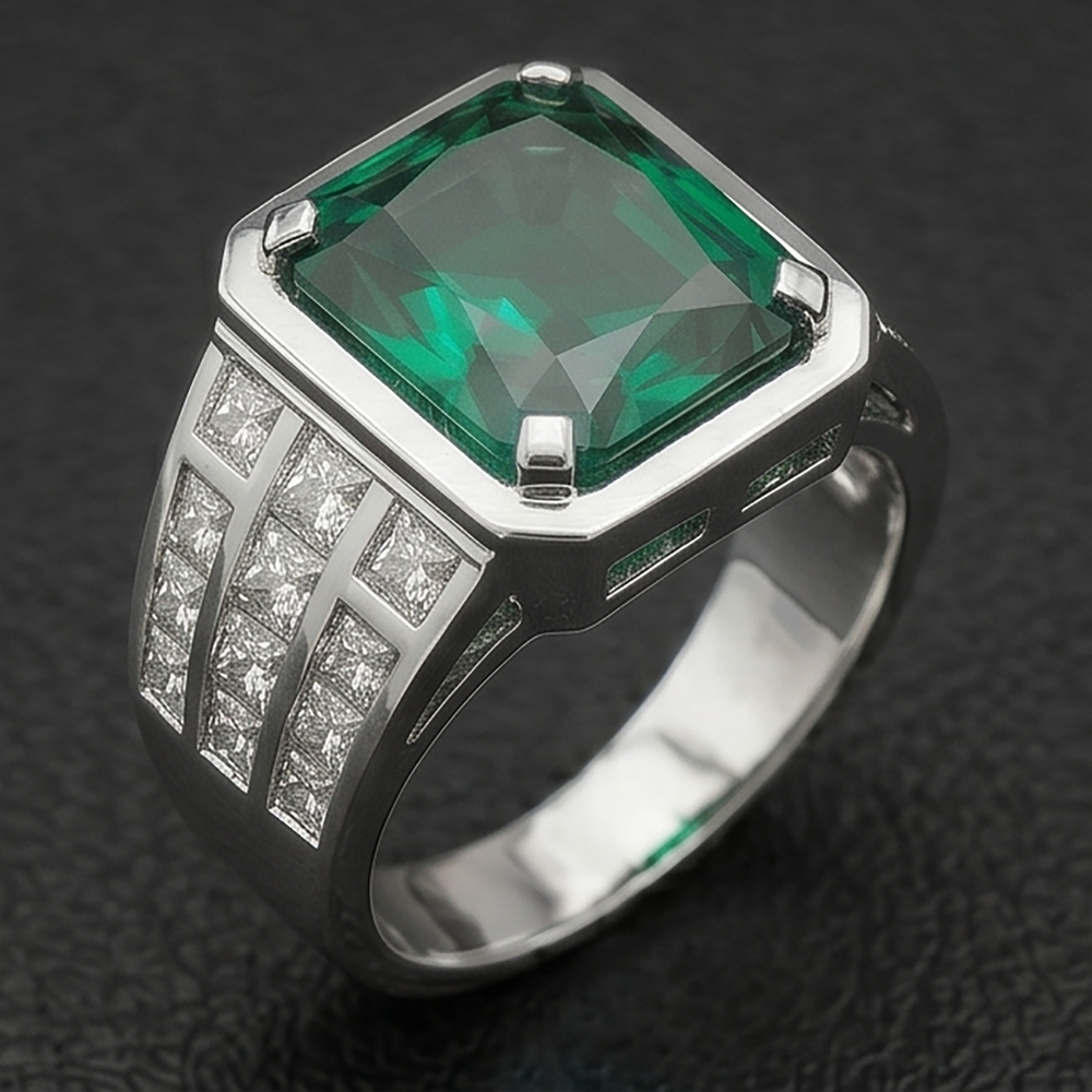 White Gold 10K Big Radiant Cut Lab Grown Green Emerald Men's Ring Jewelry