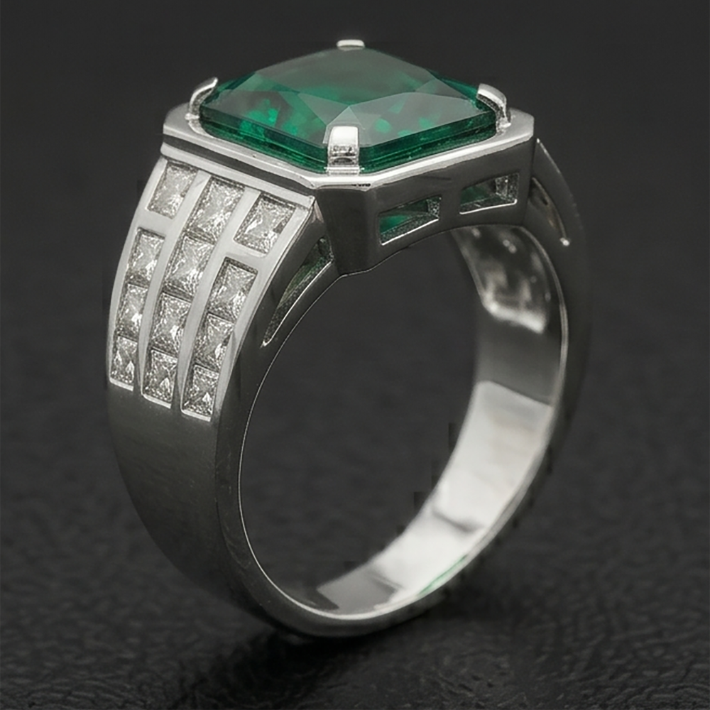 White Gold 10K Big Radiant Cut Lab Grown Green Emerald Men's Ring Jewelry