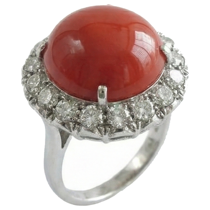 White Gold 14K 14.50 Ct Red Coral And Natural Earth Mined Diamonds Engagement Ring New