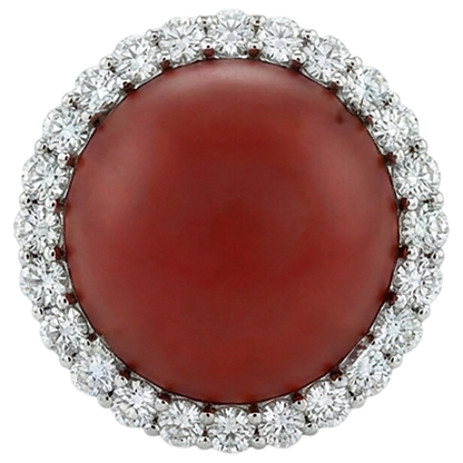 White Gold 14K 15 Carats Red Coral And Natural Earth Mined Diamonds Engagement Ring