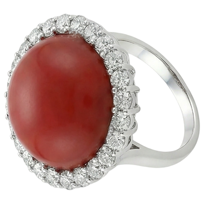 White Gold 14K 15 Carats Red Coral And Natural Earth Mined Diamonds Engagement Ring