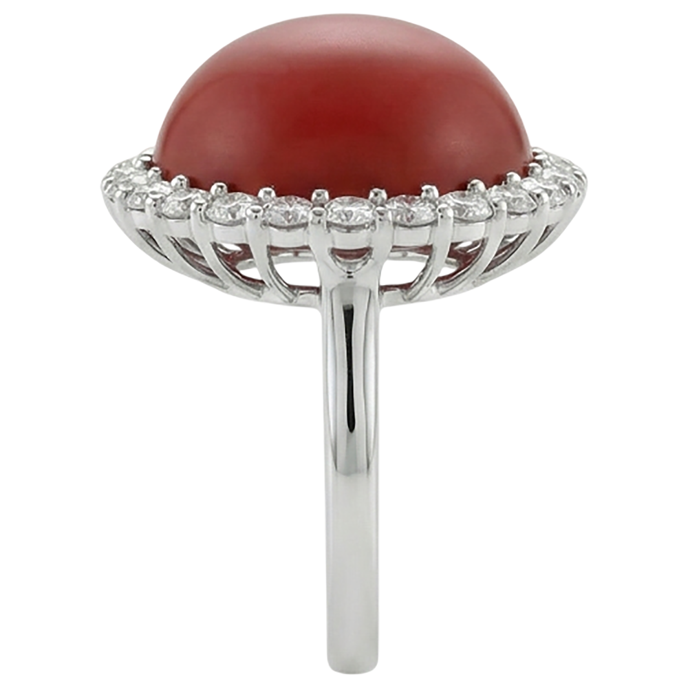 White Gold 14K 15 Carats Red Coral And Natural Earth Mined Diamonds Engagement Ring
