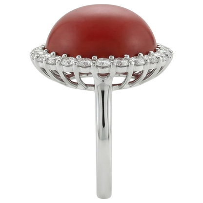White Gold 14K 15 Carats Red Coral And Natural Earth Mined Diamonds Engagement Ring