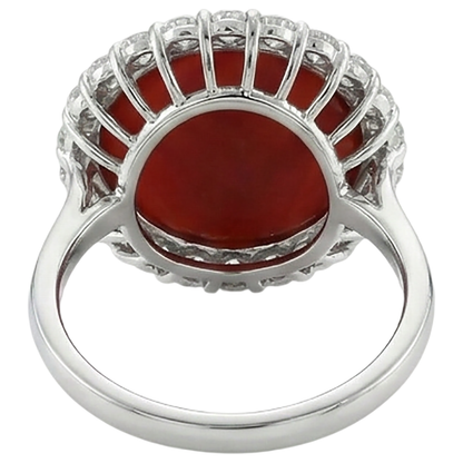 White Gold 14K 15 Carats Red Coral And Natural Earth Mined Diamonds Engagement Ring