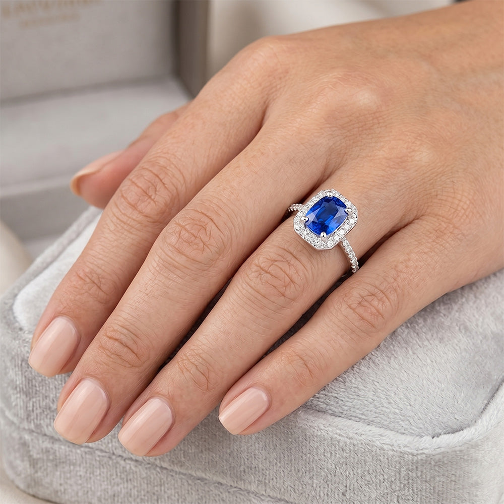 White Gold 14K 3.40 Ct Ceylon Blue Sapphire And Natural Earth Mined Diamonds Ring