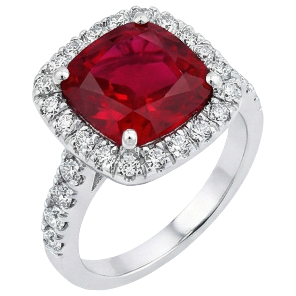 White Gold 14K 4 Carats Cushion Ruby And Round Cut Natural Earth Mined Diamonds Ring