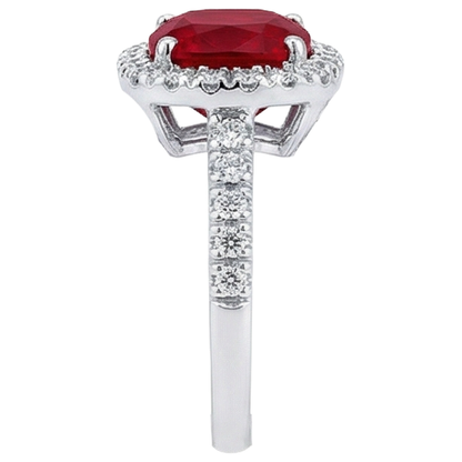 White Gold 14K 4 Carats Cushion Ruby And Round Cut Natural Earth Mined Diamonds Ring