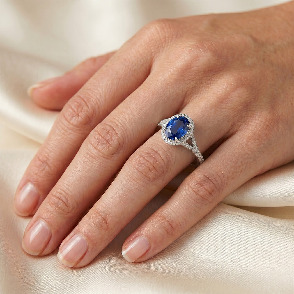 White Gold 14K Blue Sapphire Oval Natural Earth Mined Diamond Ring 2.50 Carats Jewelry