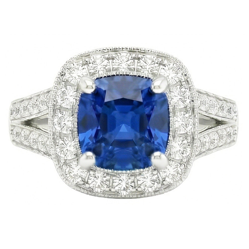 White Gold 14K Ceylon Sapphire And Natural Earth Mined Diamonds 3.60 Ct Anniversary Ring