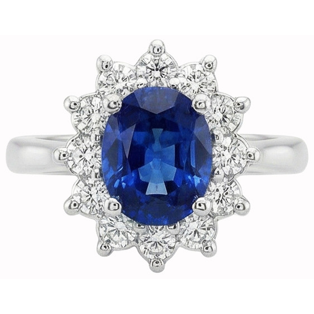 White Gold 14K Halo Natural Earth Mined Diamond And Ceylon Sapphire Ring 3.20 Ct.