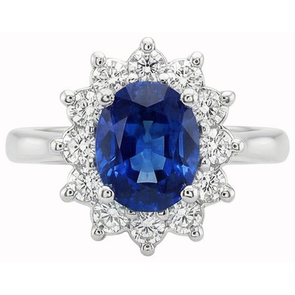 White Gold 14K Halo Natural Earth Mined Diamond And Ceylon Sapphire Ring 3.20 Ct.