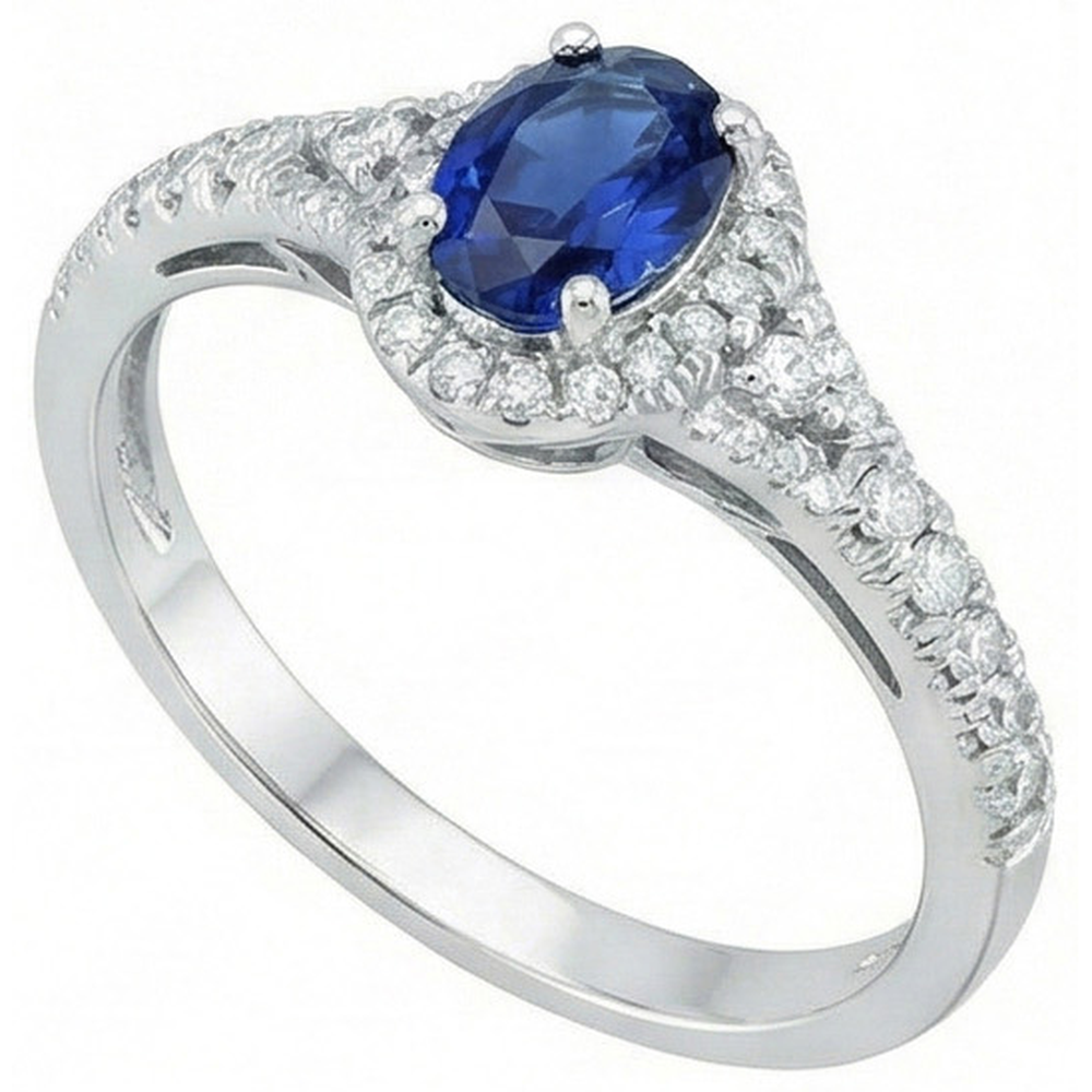 White Gold 14K Oval Cut Ceylon Blue Sapphire 3 Carats Natural Earth Mined Diamond Ring