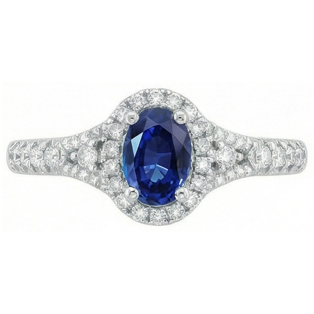 White Gold 14K Oval Cut Ceylon Blue Sapphire 3 Carats Natural Earth Mined Diamond Ring