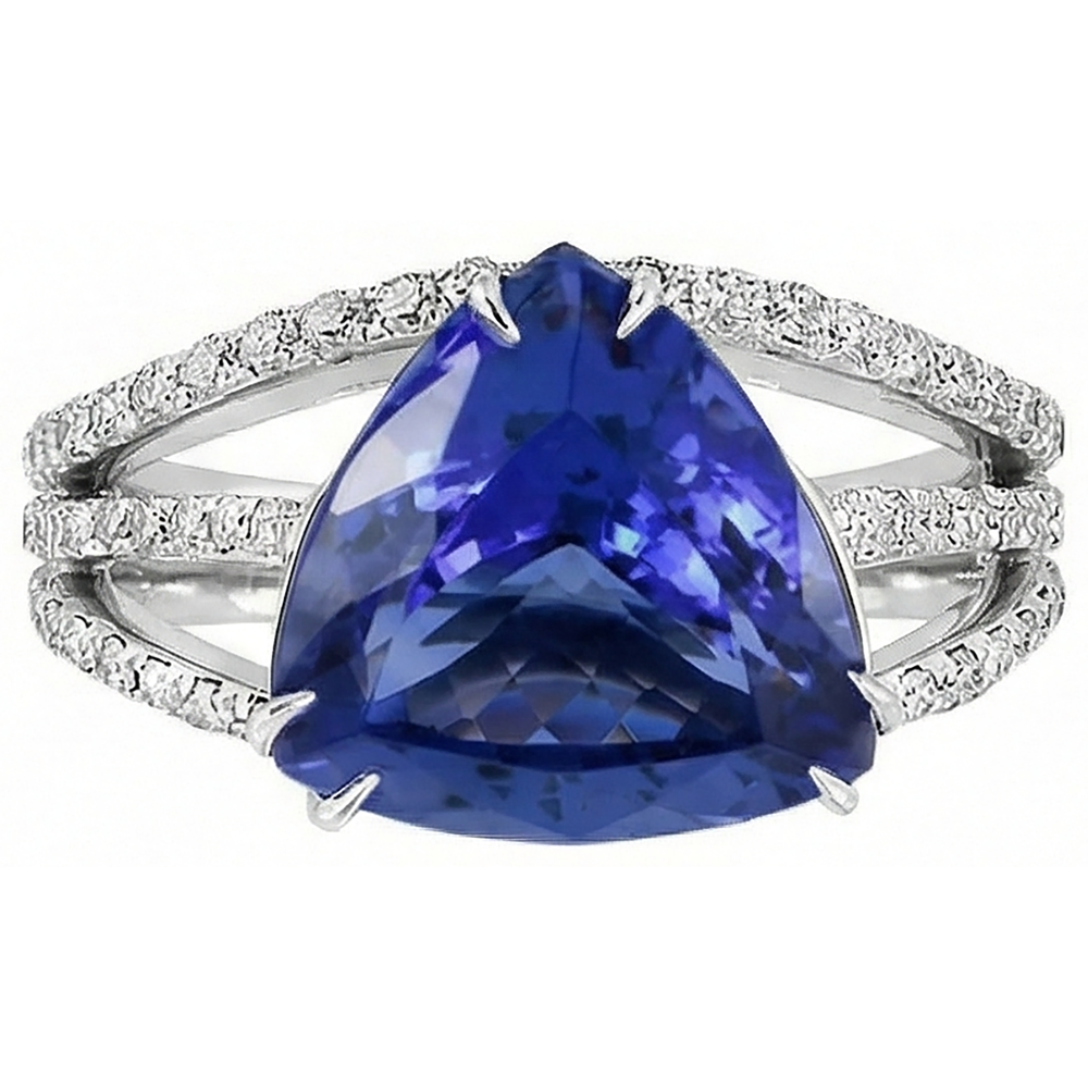 White Gold 14K Trillion Tanzanite And Natural Earth Mined Diamonds 6 Carats Ring