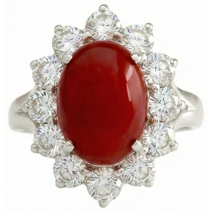 White Gold 16.50 Ct. Solitaire With Accent Red Coral & Natural Earth Mined Diamonds Ring