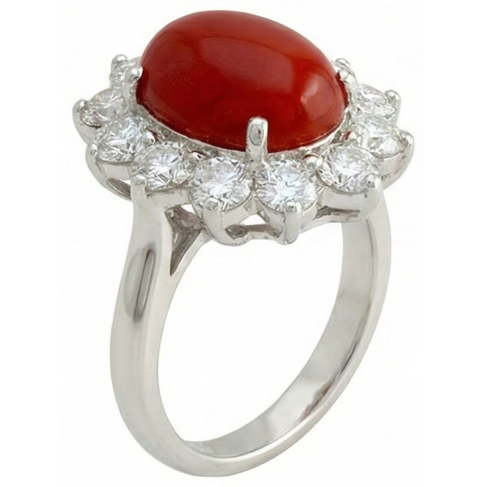 White Gold 16.50 Ct. Solitaire With Accent Red Coral & Natural Earth Mined Diamonds Ring