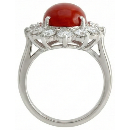 White Gold 16.50 Ct. Solitaire With Accent Red Coral & Natural Earth Mined Diamonds Ring