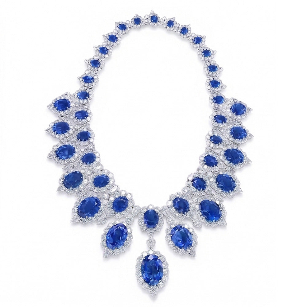 White Gold 291.17 Ct. Blue Sapphire & White IGI CERTIFIED Diamond Necklace Jewelry