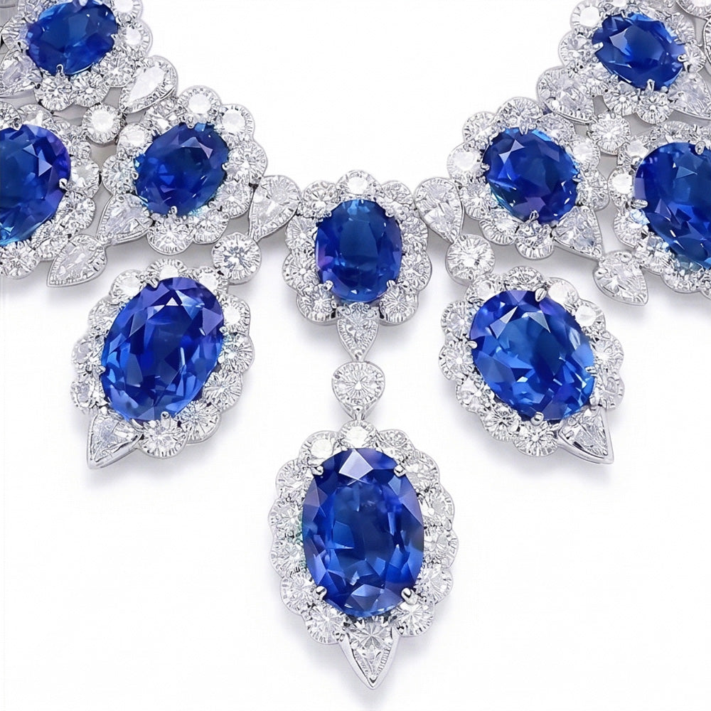 White Gold 291.17 Ct. Blue Sapphire & White IGI CERTIFIED Diamond Necklace Jewelry