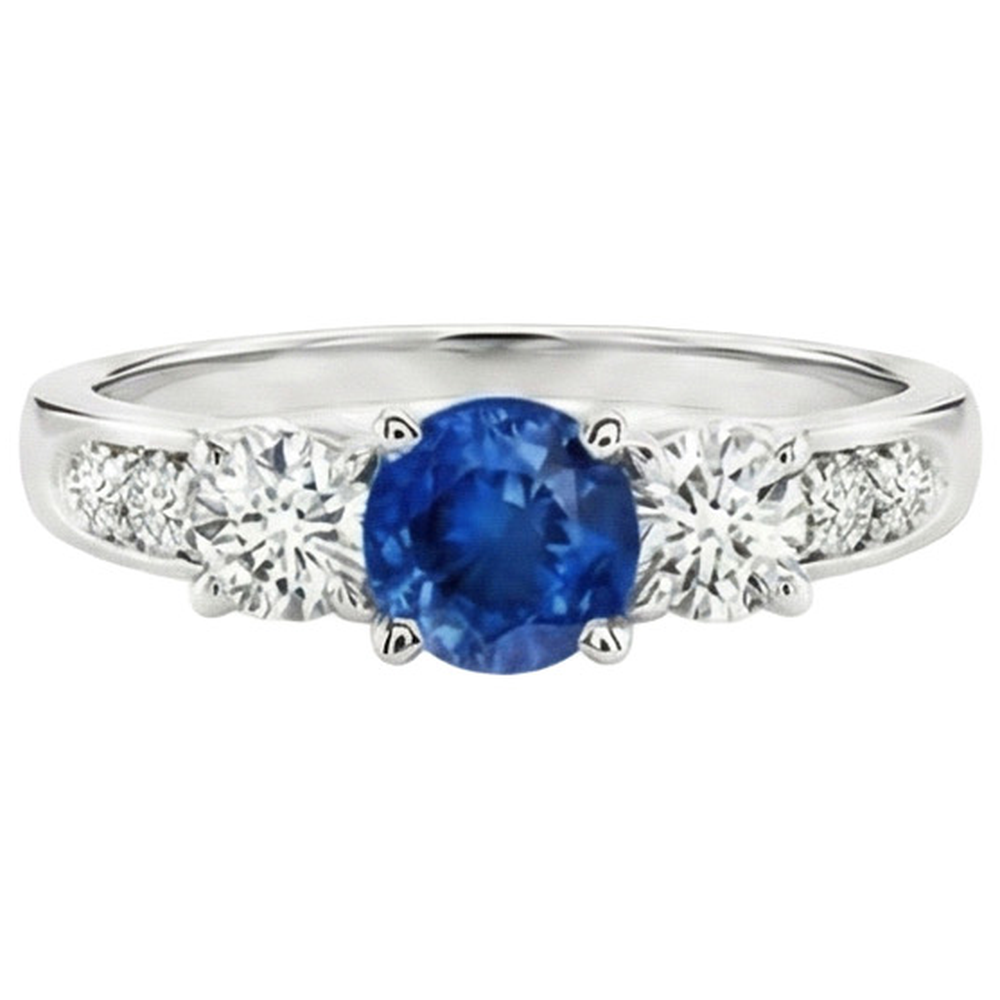 White Gold 3.40 Ct Round Sri Lanka Sapphire Natural Earth Mined Diamond Engagement Ring
