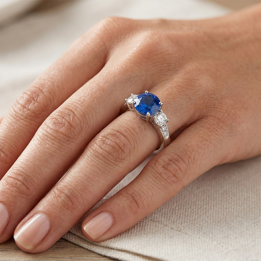 White Gold 3.40 Ct Round Sri Lanka Sapphire Natural Earth Mined Diamond Engagement Ring