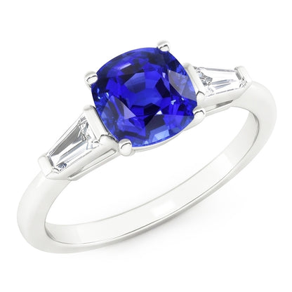 White Gold 3 Stone Cushion Sapphire Ring & Baguette Natural Earth Mined Diamonds 1.75 Carats