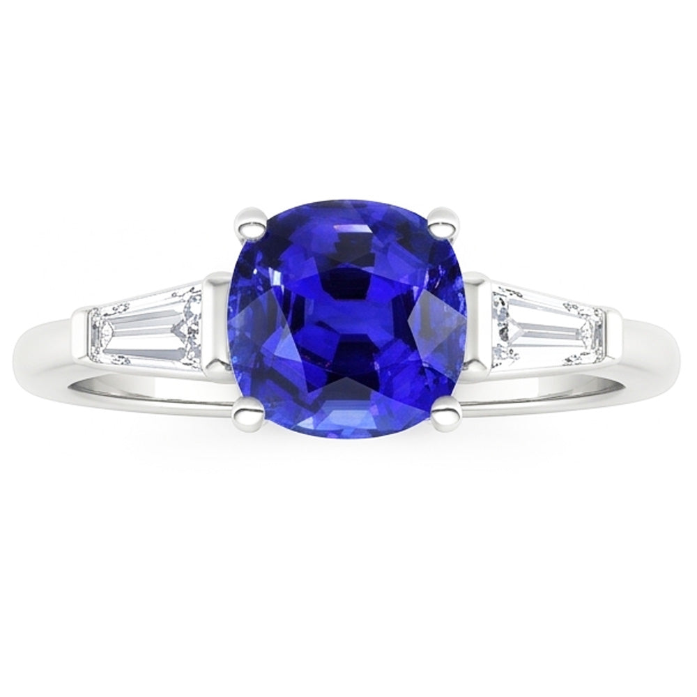 White Gold 3 Stone Cushion Sapphire Ring & Baguette Natural Earth Mined Diamonds 1.75 Carats