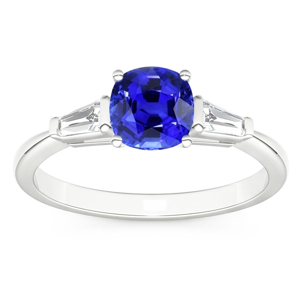 White Gold 3 Stone Cushion Sapphire Ring & Baguette Natural Earth Mined Diamonds 1.75 Carats