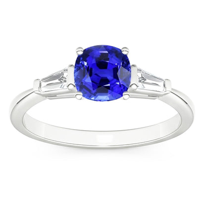 White Gold 3 Stone Cushion Sapphire Ring & Baguette Natural Earth Mined Diamonds 1.75 Carats