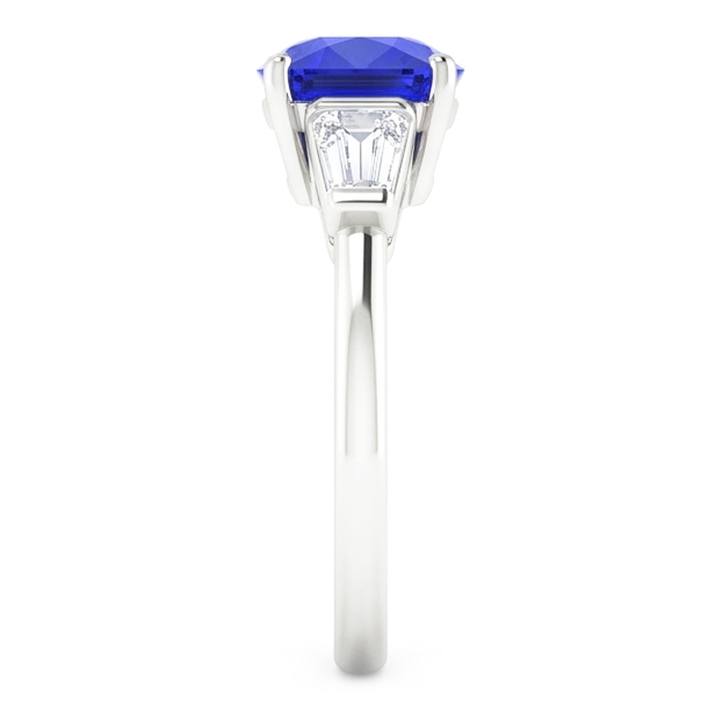 White Gold 3 Stone Cushion Sapphire Ring & Baguette Natural Earth Mined Diamonds 1.75 Carats