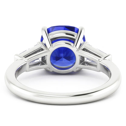 White Gold 3 Stone Cushion Sapphire Ring & Baguette Natural Earth Mined Diamonds 1.75 Carats