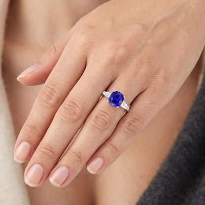 White Gold 3 Stone Cushion Sapphire Ring & Baguette Natural Earth Mined Diamonds 1.75 Carats
