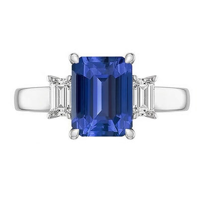 White Gold 3 Stone Emerald Sapphire Ring 2.75 Carats Radiant Natural Earth Mined Diamonds