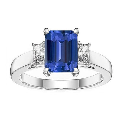 White Gold 3 Stone Emerald Sapphire Ring 2.75 Carats Radiant Natural Earth Mined Diamonds