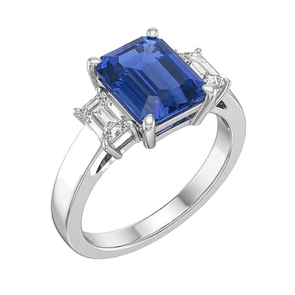 White Gold 3 Stone Emerald Sapphire Ring 2.75 Carats Radiant Natural Earth Mined Diamonds