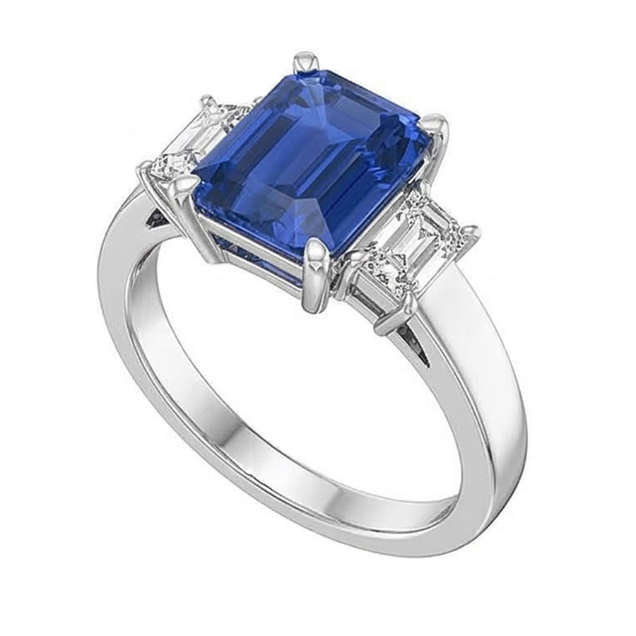 White Gold 3 Stone Emerald Sapphire Ring 2.75 Carats Radiant Natural Earth Mined Diamonds