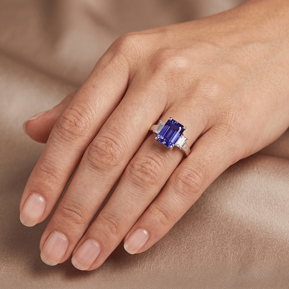 White Gold 3 Stone Emerald Sapphire Ring 2.75 Carats Radiant Natural Earth Mined Diamonds