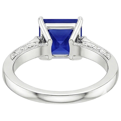 White Gold 3 Stone Natural Earth Mined Diamond & Princess Blue Sapphire Ring 5.25 Carats