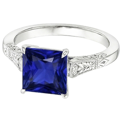 White Gold 3 Stone Natural Earth Mined Diamond & Princess Blue Sapphire Ring 5.25 Carats