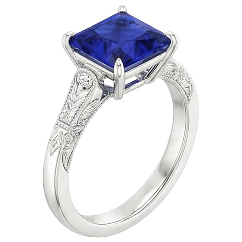 White Gold 3 Stone Natural Earth Mined Diamond & Princess Blue Sapphire Ring 5.25 Carats