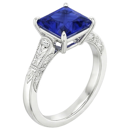 White Gold 3 Stone Natural Earth Mined Diamond & Princess Blue Sapphire Ring 5.25 Carats