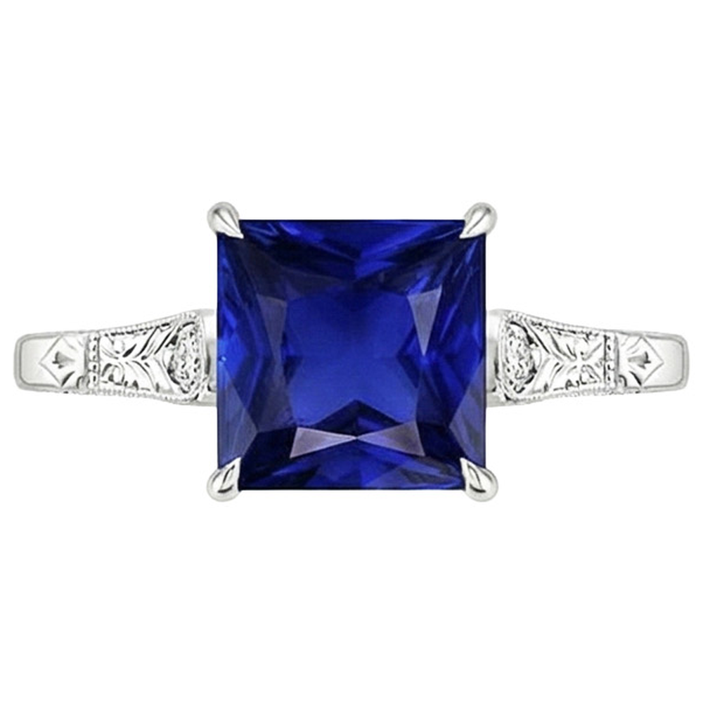 White Gold 3 Stone Natural Earth Mined Diamond & Princess Blue Sapphire Ring 5.25 Carats