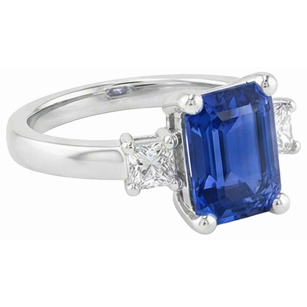 White Gold 3 Stone Ring Blue Sapphire & Princess Natural Earth Mined Diamonds 2.50 Carats