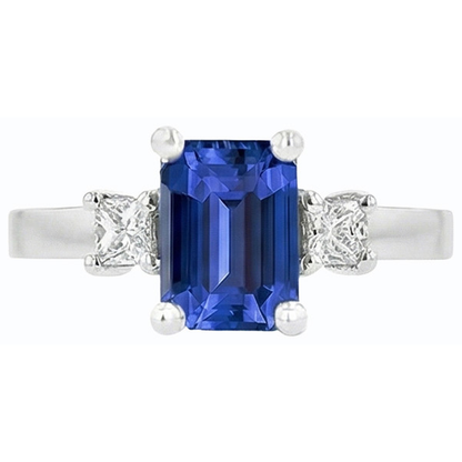 White Gold 3 Stone Ring Blue Sapphire & Princess Natural Earth Mined Diamonds 2.50 Carats