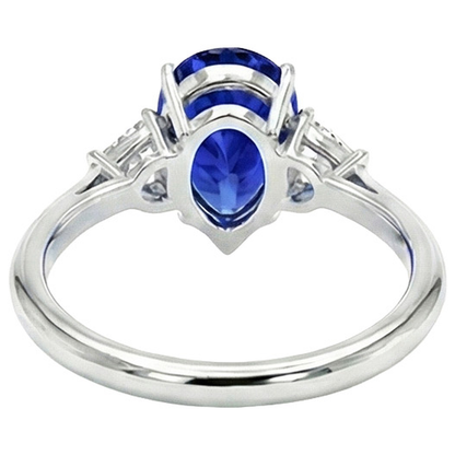 White Gold 3 Stone Ring Blue Sapphire & Trillion Natural Earth Mined Diamonds 2.25 Carats