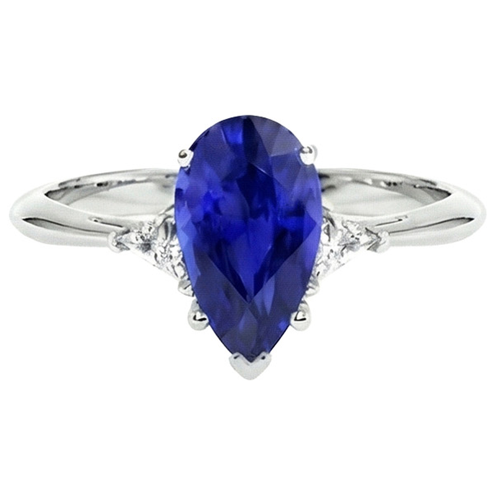 White Gold 3 Stone Ring Blue Sapphire & Trillion Natural Earth Mined Diamonds 2.25 Carats