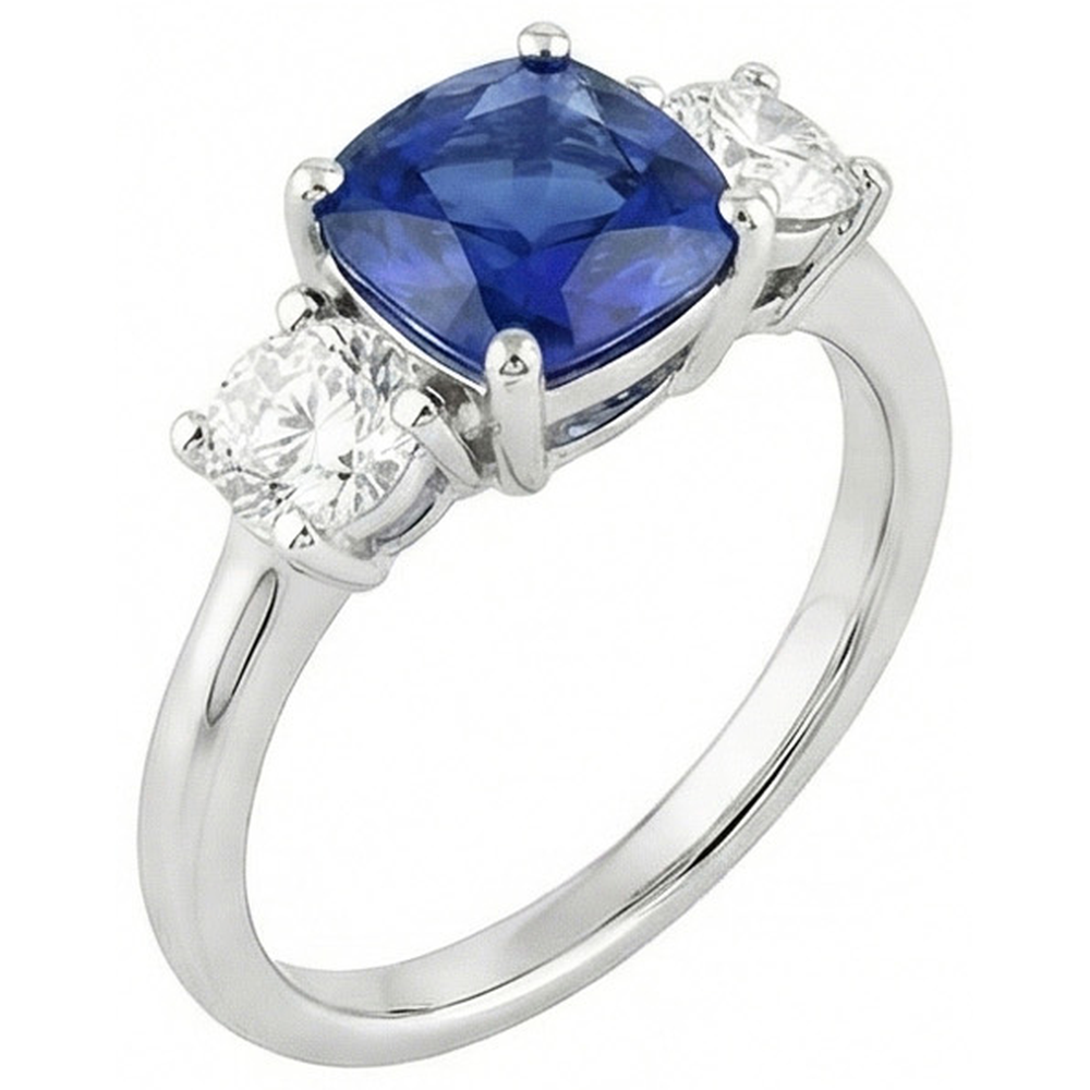 Natural Real ( Not Lab Grown )  White Gold 3 Stone Ring Cushion Ceylon Sapphire 2.50 Carats Jewelry