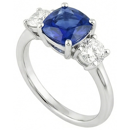Natural Real ( Not Lab Grown )  White Gold 3 Stone Ring Cushion Ceylon Sapphire 2.50 Carats Jewelry