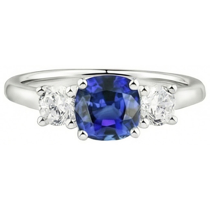Natural Real ( Not Lab Grown )  White Gold 3 Stone Ring Cushion Ceylon Sapphire 2.50 Carats Jewelry